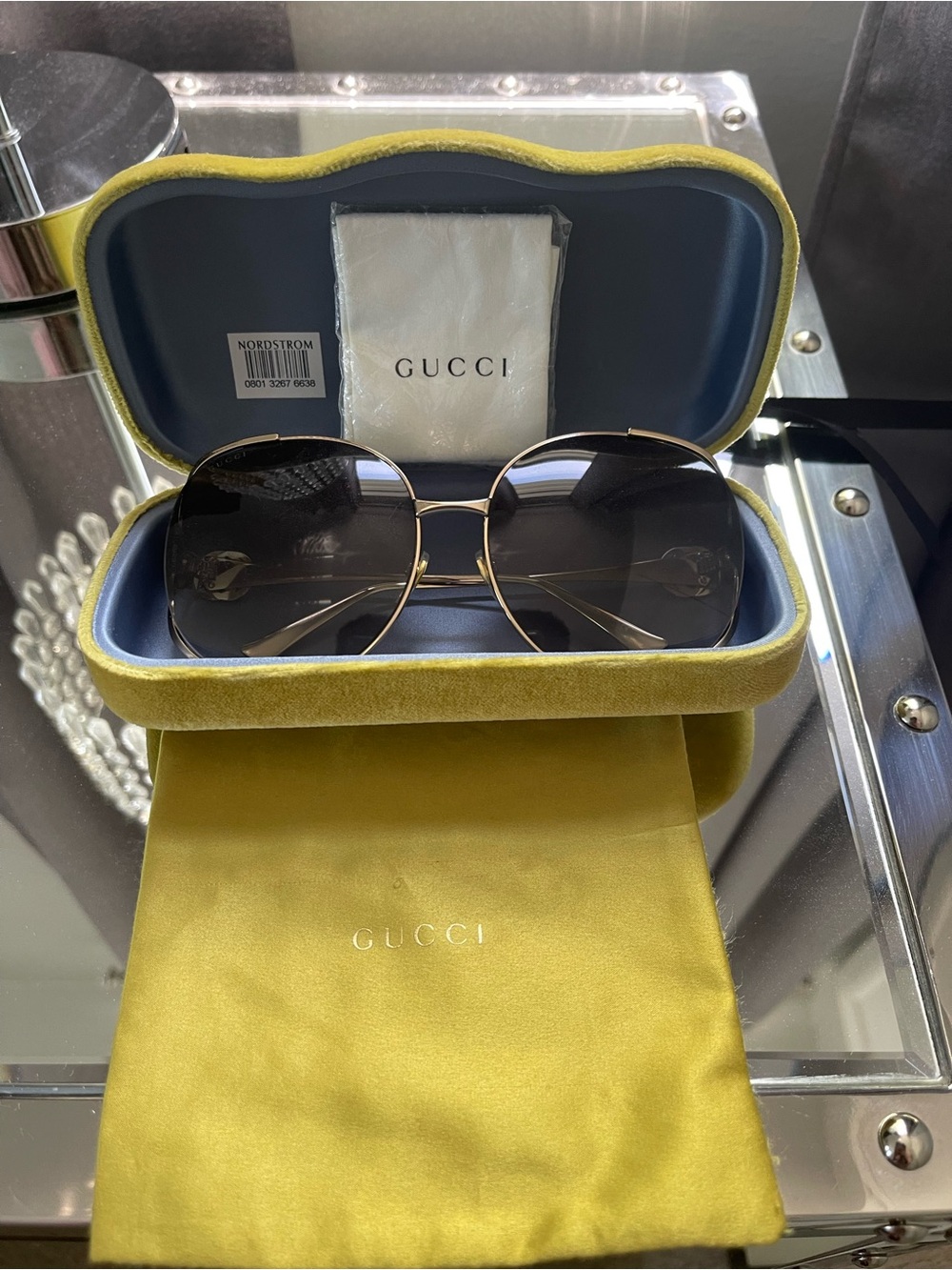 Gucci Gold Frame Sunglasses with Green Temple Stripes and Gradient Lenses - Picture 4 of 10